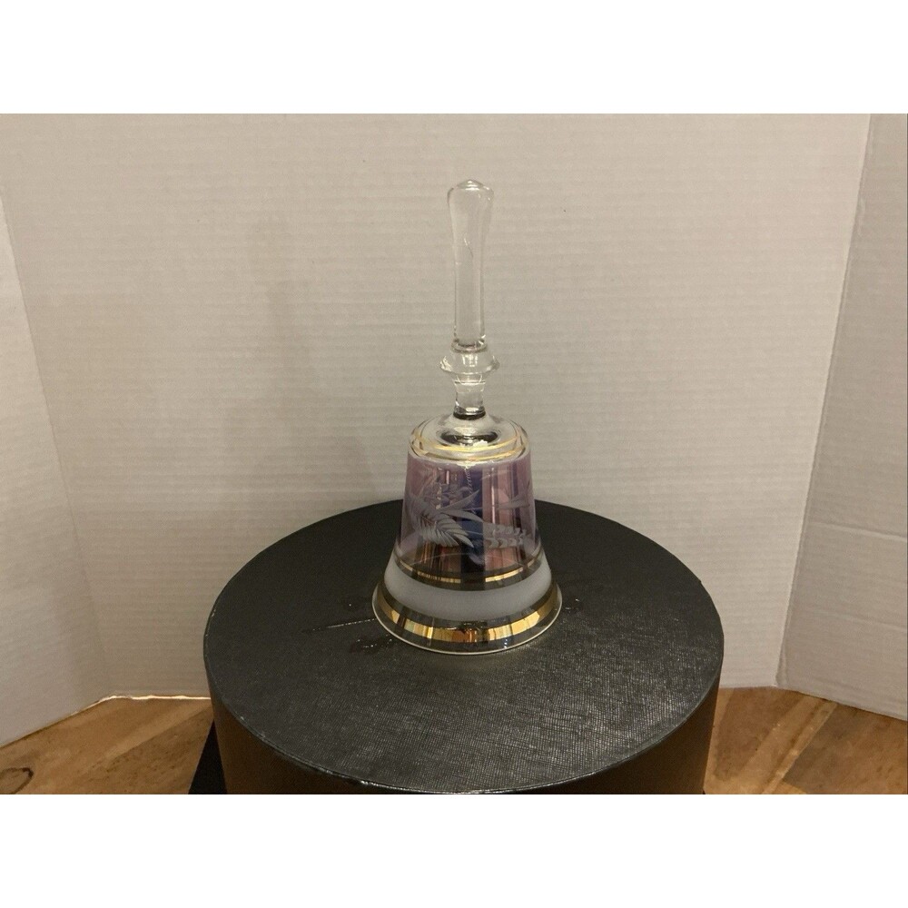Vintage Clear Glass Hand Bell Purple Middle Leaf Cherries Gold Trim 6.5" x 3"